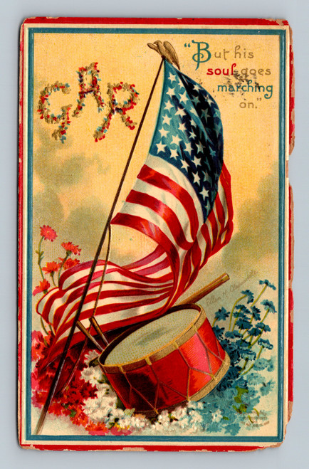 Text excerpt 'ut his soul goes marching on.' postcard by Internati Publ. Co. printed in Germany