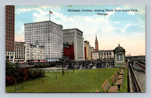 Michigan Avenue looking north from Grant Park Chicago with Railway Exchange, Peoples Gas, and Montgomery Ward buildings
