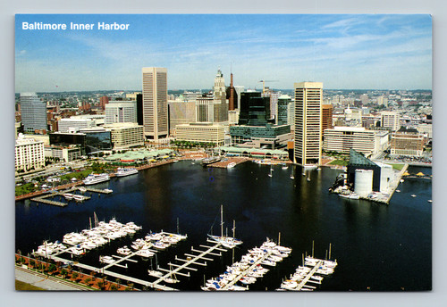 Aerial view of Baltimore Inner Harbor and downtown business district with Harborplace and landmarks