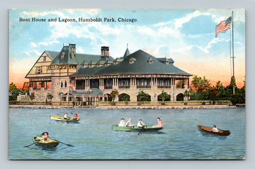 Boat House and Lagoon at Humboldt Park Chicago postcard