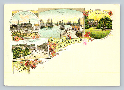 Multi-view Malmö Sweden postcard featuring Hotel Kramer, harbor scene, Gustav Adolfs Torg and Kungsparken.