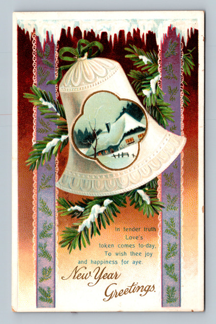 New Year Greetings winter cottage on bell