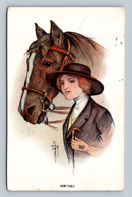 Antique 1917 postcard featuring fashionable woman standing beside bridled horse illustration titled Inimitable