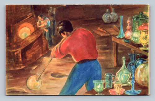 art postcard hand blown mexican glass man blowing glass