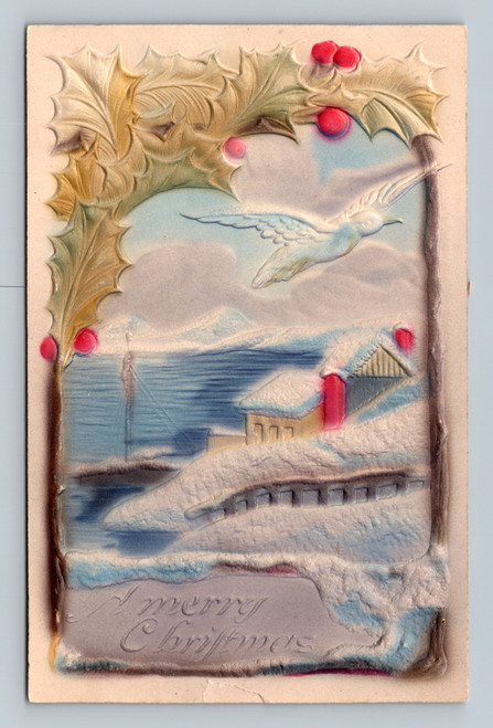 Antique Christmas postcard embossed winter scene
