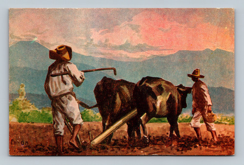 two farmers working a field with a pair of oxen