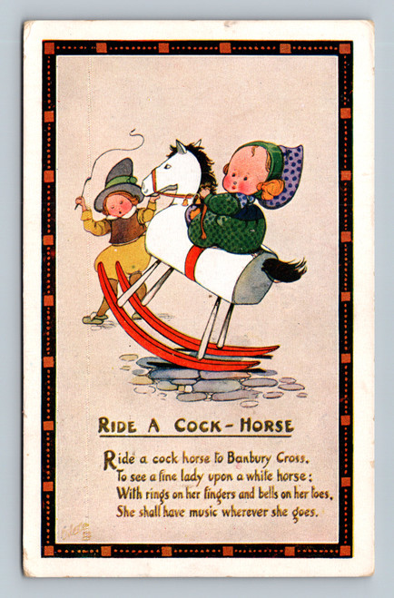 Illustration of a lady on a white horse at Banbury Cross by Raphael Tuck & Sons