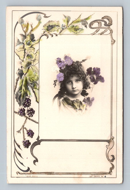 Antique French Art Nouveau Postcard Girl Portrait Violet Flowers SIP Paris
