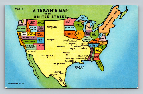 A Texan's Map of the United States with humorous regional labels by Curt Teich