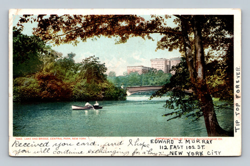 Lake and bridge in Central Park New York City vintage postcard