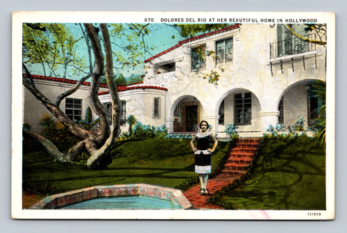 Dolores del Rio at her beautiful home in Hollywood Los Angeles postcard