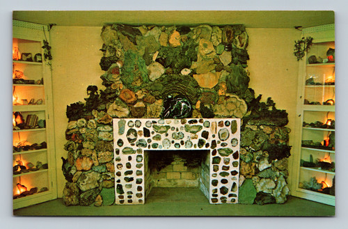 Fireplace decorated with rare agates, jaspers, lava casts, and stones at Petersen Rock Gardens museum