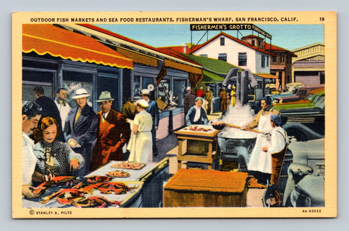 Outdoor fish markets and seafood restaurants at Fisherman's Wharf San Francisco postcard