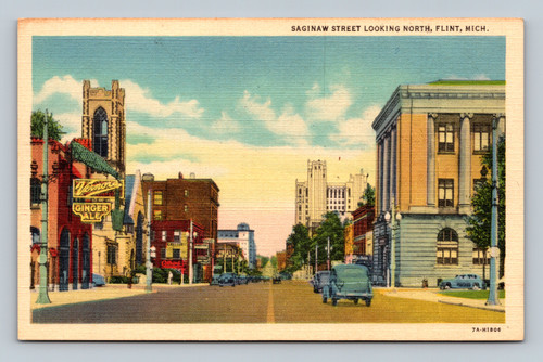 Saginaw Street looking north in Flint Michigan postcard by Curteich & Co.