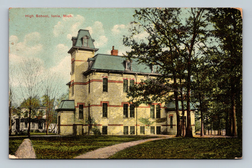 High School building in Ionia Michigan vintage postcard