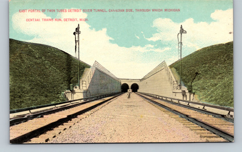 East portal of twin tubes Detroit River Tunnel Canadian side with Michigan Central trains