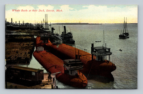 Whale Backs at their Dock Detroit Michigan vintage postcard