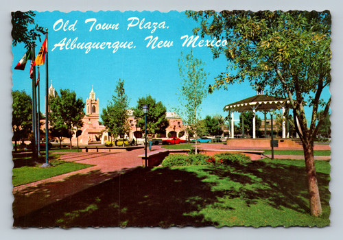 Old Town Plaza with bandstand and San Felipe de Neri Church in Albuquerque NM