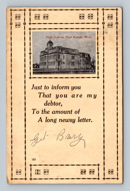 High School building in Park Rapids Minnesota postcard 1913