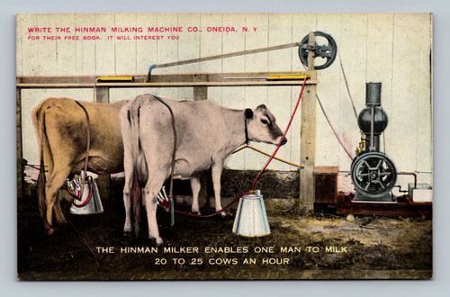 Hinman Milking Machine advertisement postcard from Oneida NY