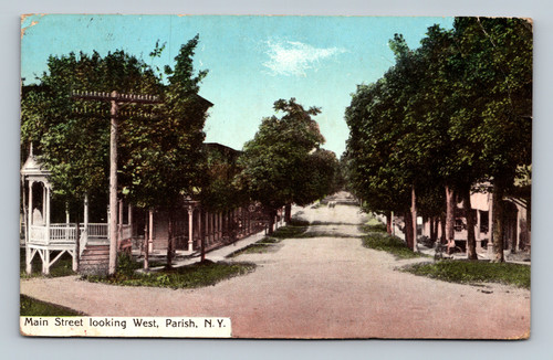 Main Street looking west in Parish, New York vintage postcard