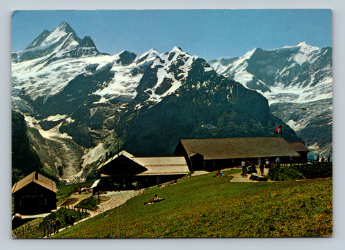 Grindelwald Bergstation and Restaurant First with Schreckhorn and Fiescherhörner mountains