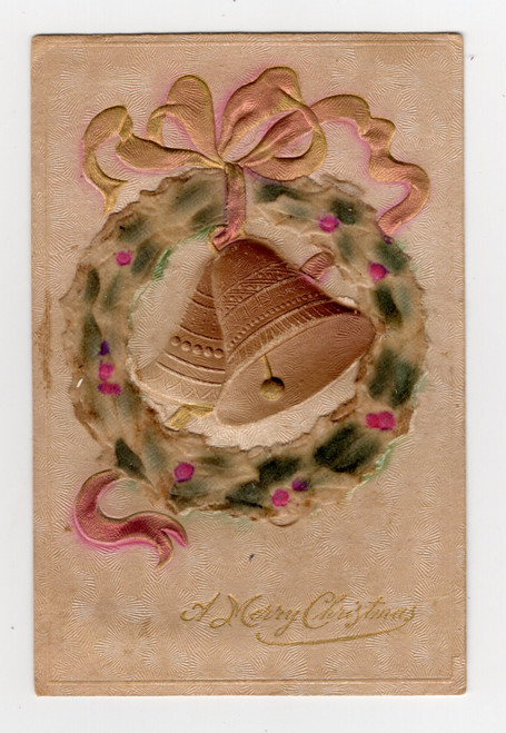 Antique Christmas Postcard Embossed Bells and Chenille Wreath