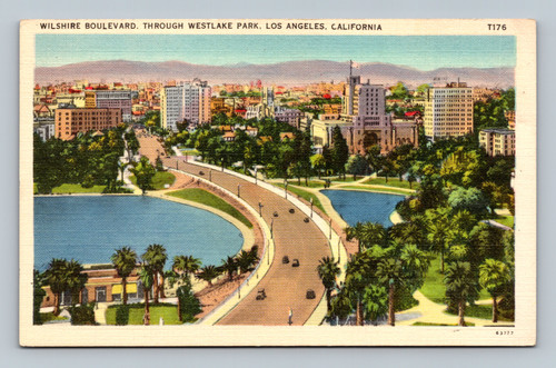 Wilshire Boulevard through Westlake Park Los Angeles California postcard