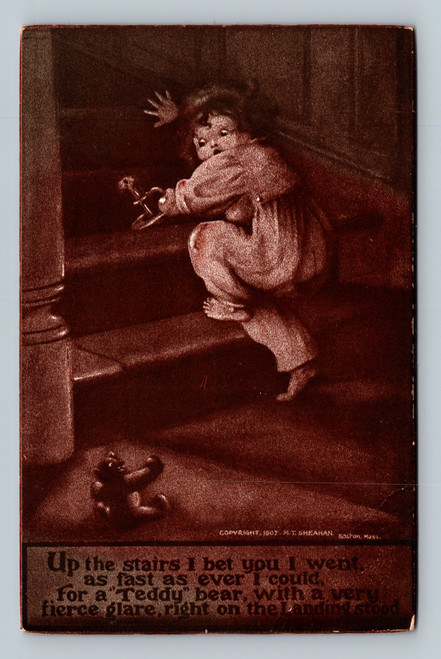 Teddy bear with fierce glare standing on stair landing