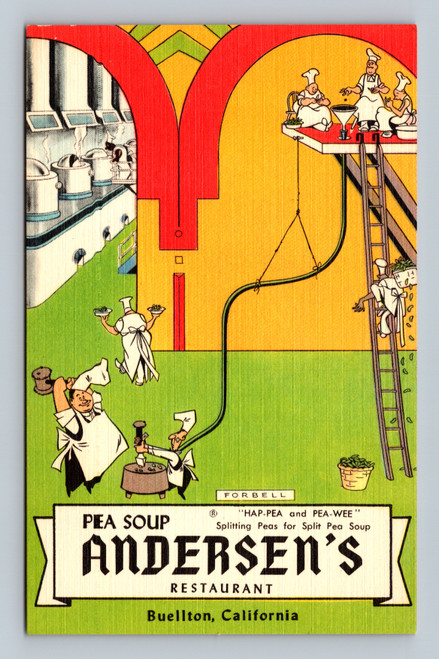 Pea Soup Andersen's Restaurant with chefs Hap-Pea and Pea Wee splitting peas in Buellton California