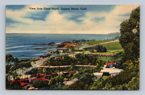View from Coast Royal overlooking 101 Highway with Treasure Island Trailer Park in Laguna Beach, California
