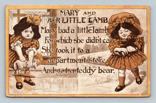 Mary and her little lamb with teddy bear postcard from Stanton