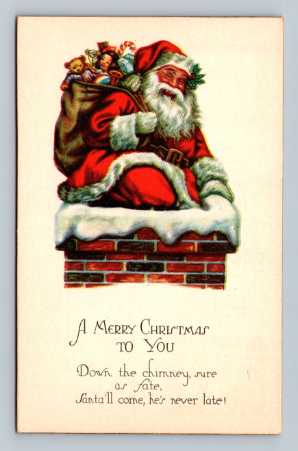 Christmas greeting with Santa coming down the chimney