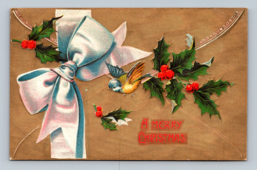Merry Christmas greeting postcard with early 20th century stamp box