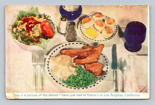 Dinner at Eaton's restaurant Los Angeles California vintage postcard