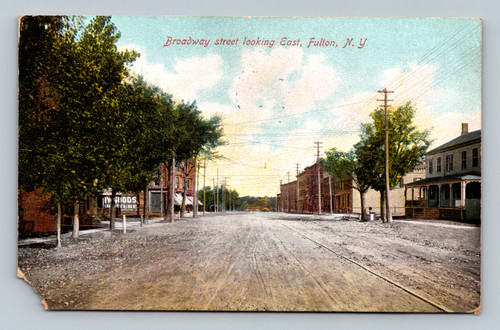 Broadway street looking East in Fulton, New York, 1909 postcard
