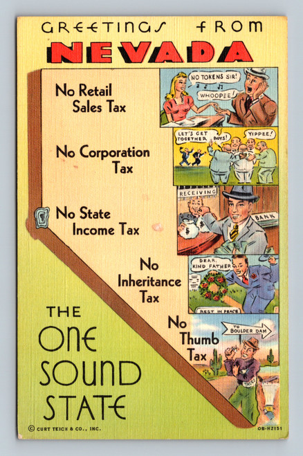 Greetings from Nevada postcard with tax slogans and Boulder Dam, Boulder City