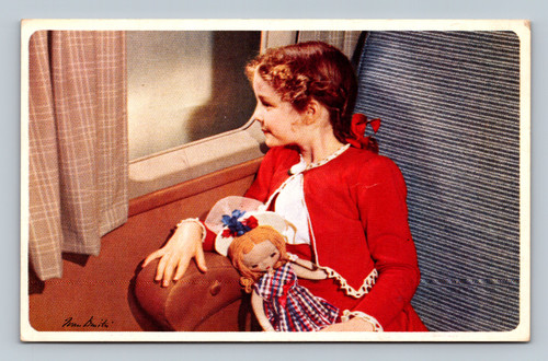 Little girl with pig tails riding airplane on Route of the Flagships by American Airlines