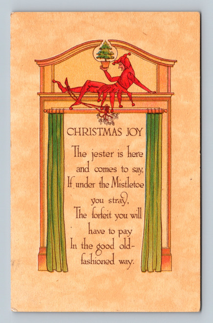 Christmas themed postcard featuring a jester and mistletoe from Tama, Hayward