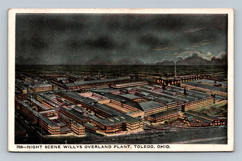 Night scene of Willys Overland Plant Toledo Ohio vintage postcard