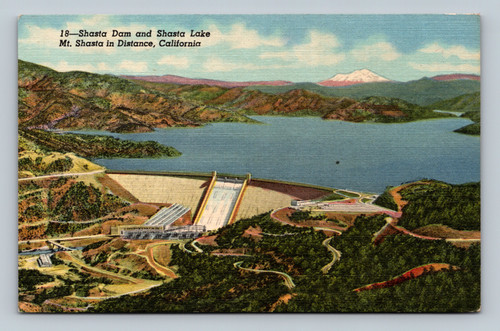 Shasta Dam and Shasta Lake with Mt. Shasta in the distance, California postcard