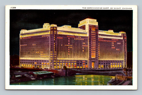 The Merchandise Mart by night Chicago largest wholesale mercantile building illuminated