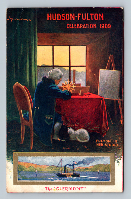 Hudson-Fulton Celebration 1909 featuring Fulton in his studio and the Clermont in Albany