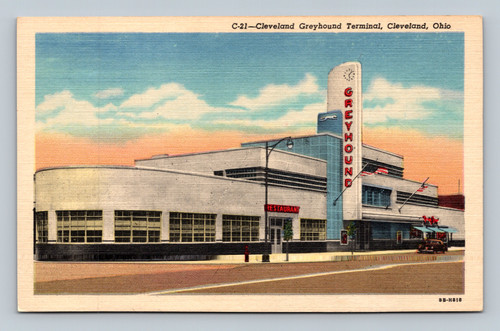 Cleveland Greyhound Terminal building and restaurant postcard
