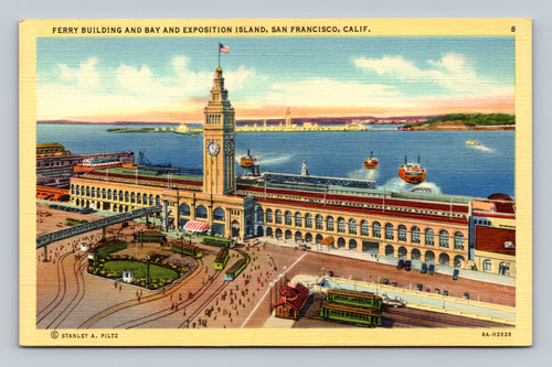 Ferry Building and Bay with Exposition Island in San Francisco postcard