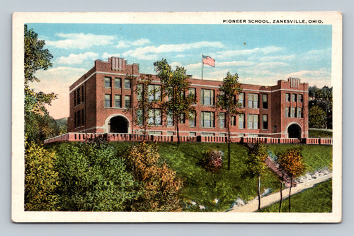 Pioneer School building in Zanesville Ohio vintage postcard