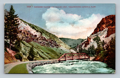 Vintage postcard of Gardiner Canyon and Eagles Nest in Yellowstone National Park