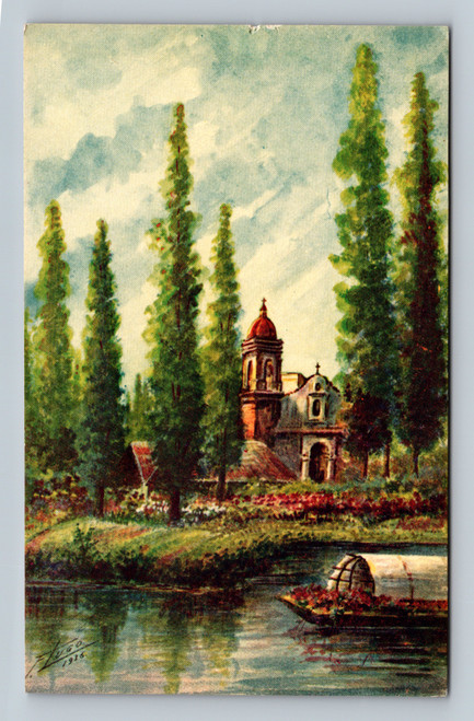 Xochimilco scene postcard by Fred Liebig showing canals and boats in Mexico City