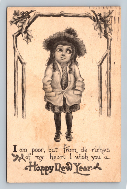 vintage postcard poor girl wishing happy new year from riches of heart