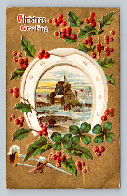 Christmas Greeting postcard with one cent stamp and partial postmark
